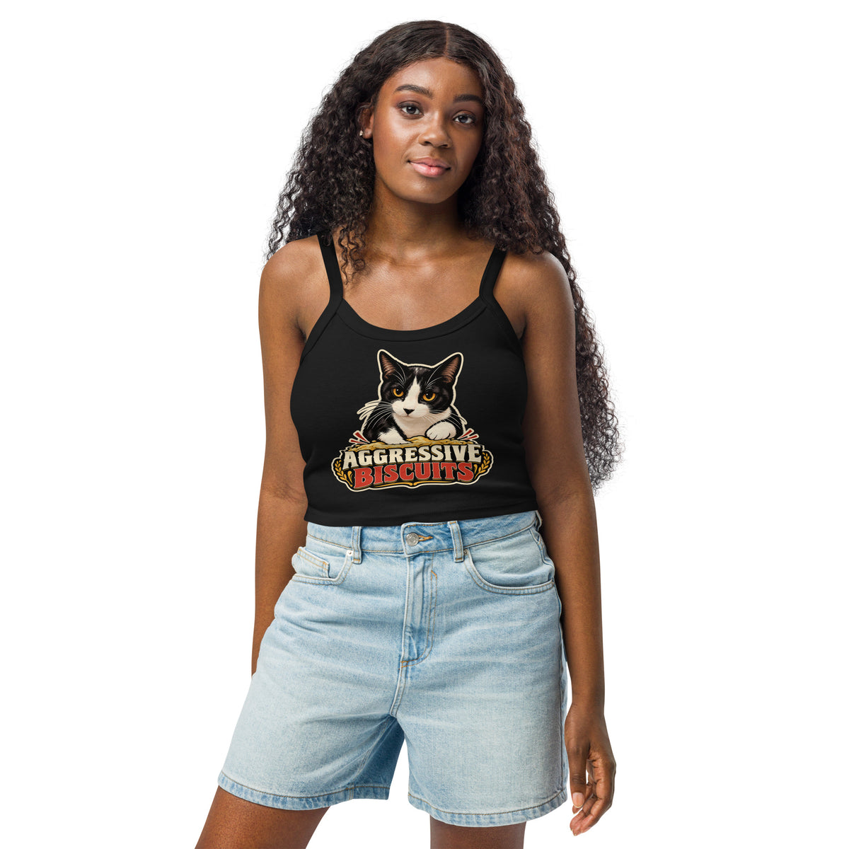 Solid Black Blend women's micro-rib tank top, front view, featuring the Aggressive Biscuits kneading tuxedo cat design