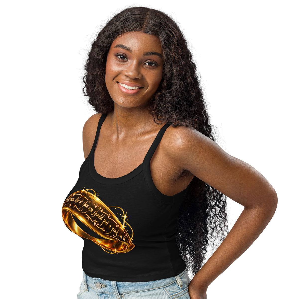 Solid Black Blend women's micro-rib tank top, left-front angled view, featuring Put a Ring on It gold fantasy ring and starburst graphic.