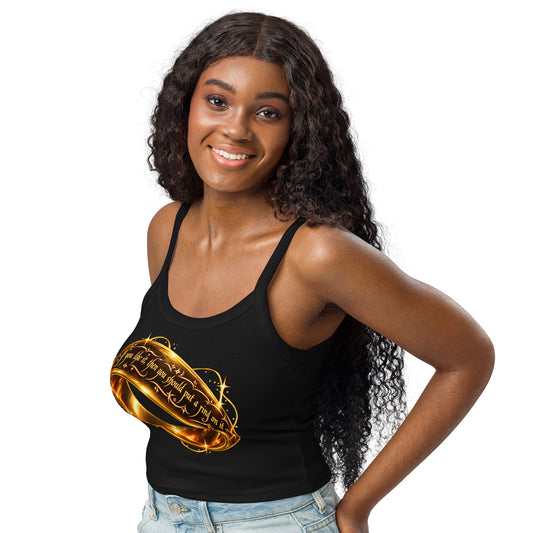 Solid Black Blend women's micro-rib tank top, left-front angled view, featuring Put a Ring on It gold fantasy ring and starburst graphic.
