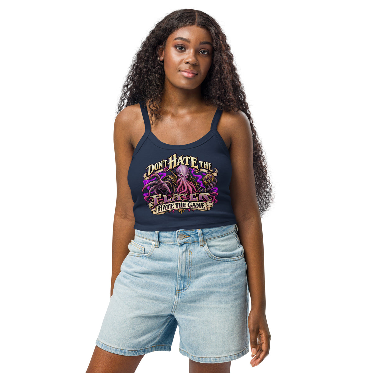 Solid Navy Blend women's micro-rib tank top, front view, featuring the illustrated Don't Hate the Flayer, Hate the Game design.