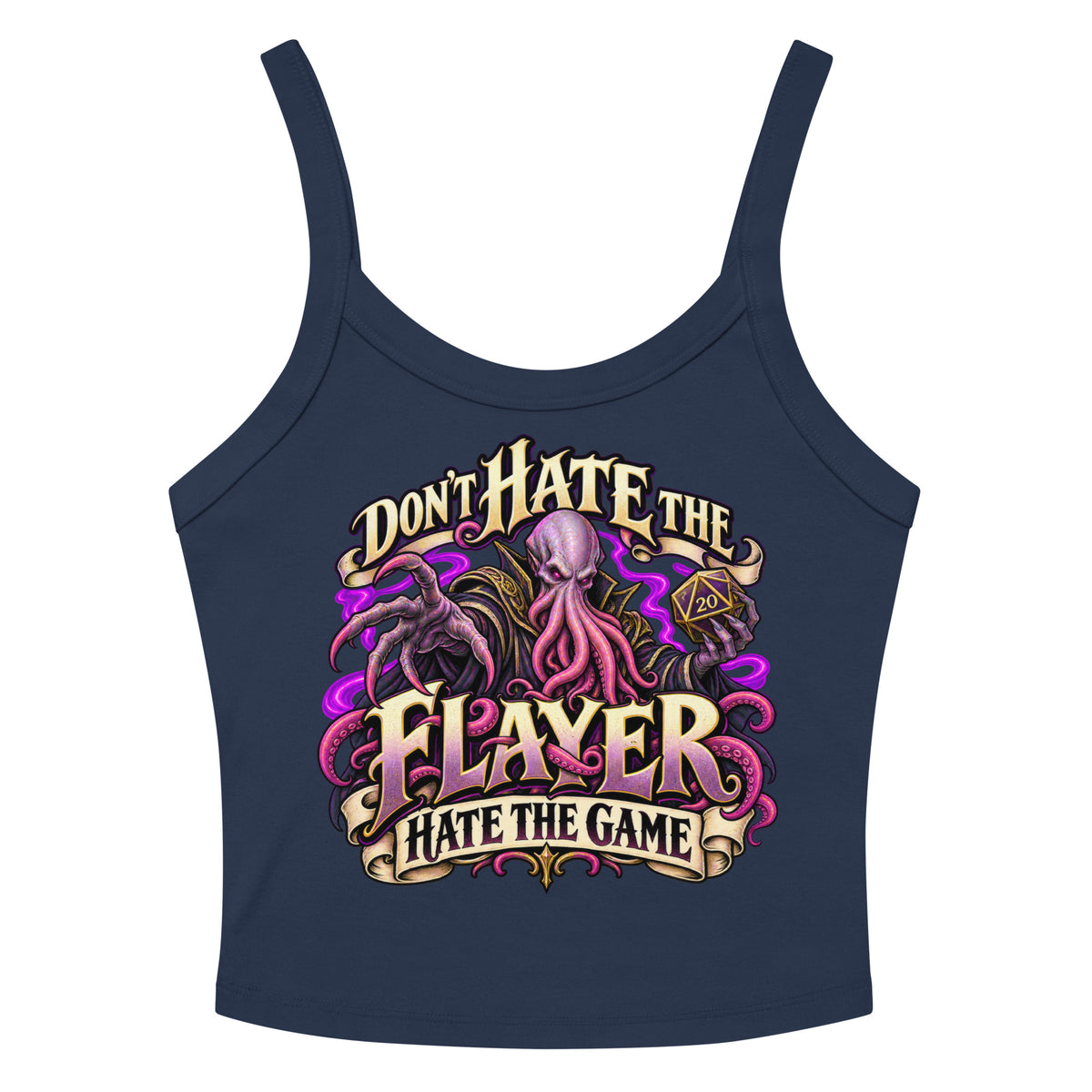 Solid Navy Blend women's micro-rib tank top, front detail view, featuring the illustrated Don't Hate the Flayer, Hate the Game tentacled overlord.