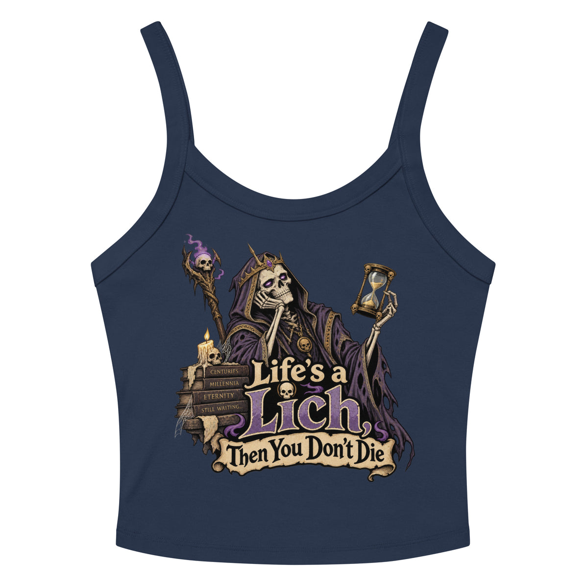 Solid Navy Blend women's micro-rib tank top, front view, featuring the Life's a Lich, Then You Don't Die bored undead lich design.