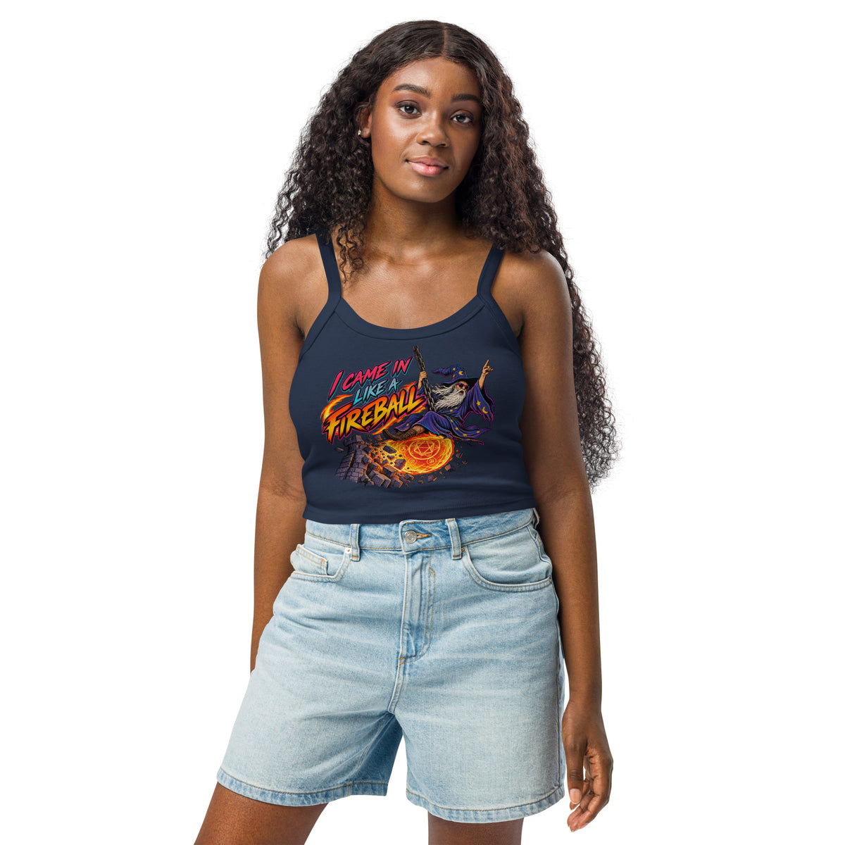 Solid Navy Blend women's micro-rib tank top, front view, featuring the I Came In Like a Fireball wizard design