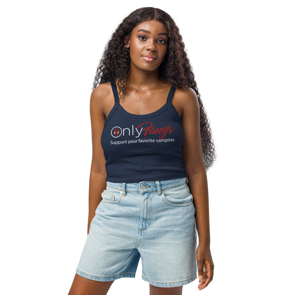 Solid Navy Blend women's micro-rib tank top, front view, featuring the OnlyFangs vampire design