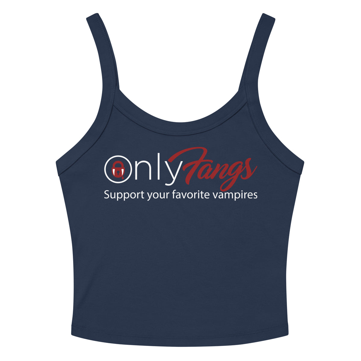 Solid Navy Blend women's micro-rib tank top, front view, featuring the OnlyFangs vampire design