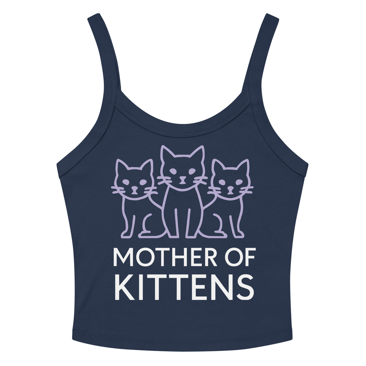 Solid Navy Blend women's micro-rib tank top, front view, featuring the Mother of Kittens Three Cats design