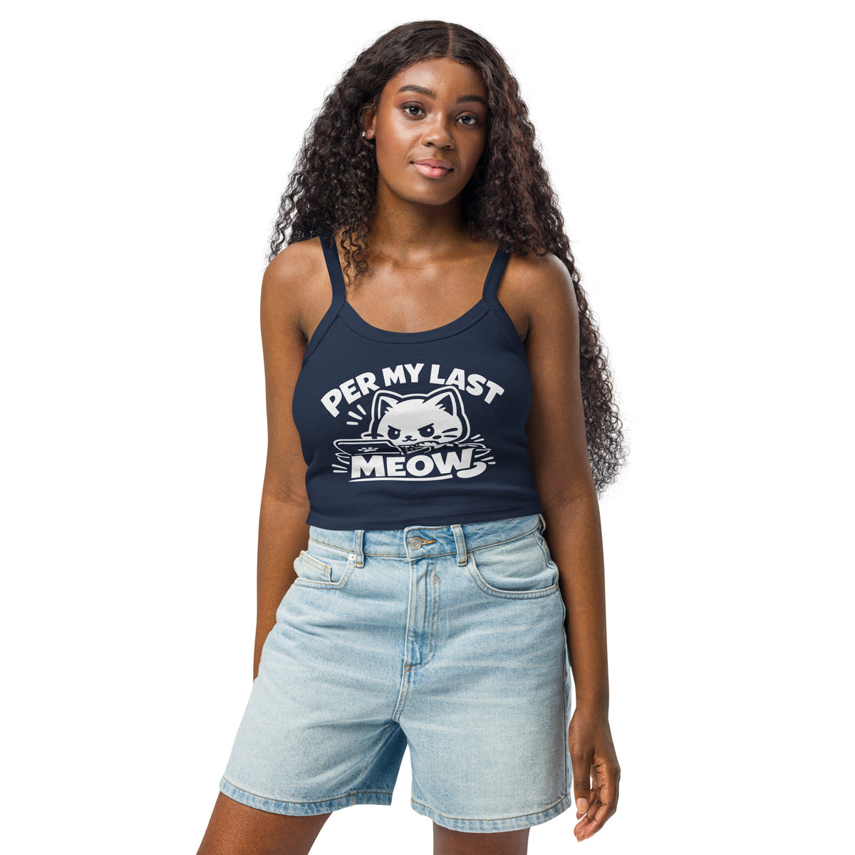 Solid Navy Blend women's micro-rib tank top, front view, featuring the Per My Last Meow cat design