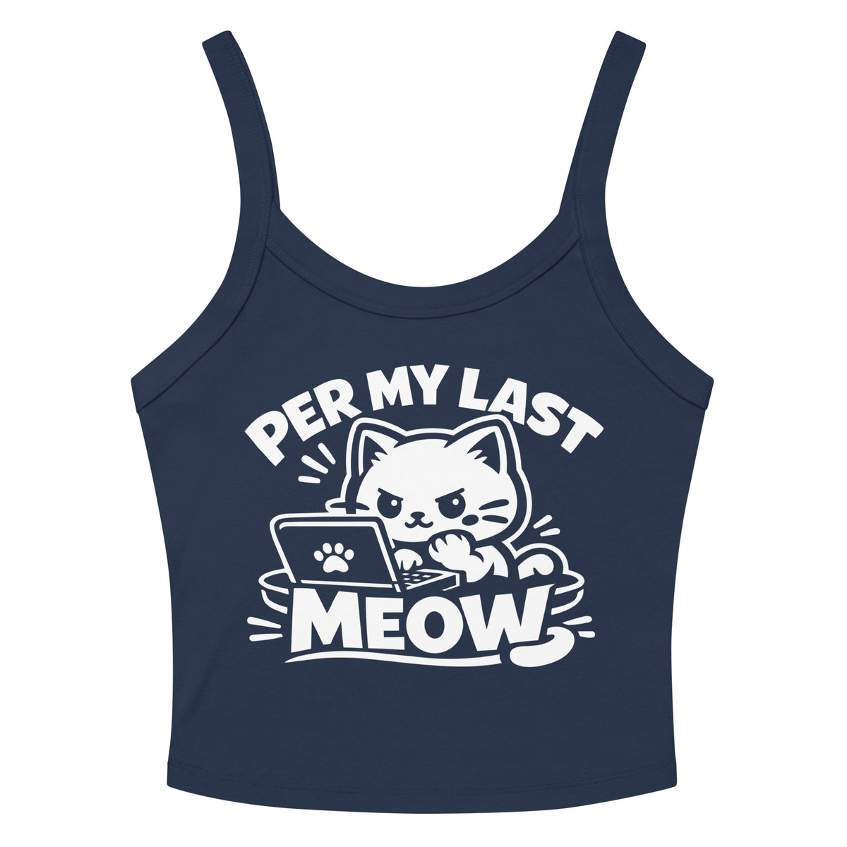 Solid Navy Blend women's micro-rib tank top, front view, featuring the Per My Last Meow cat design