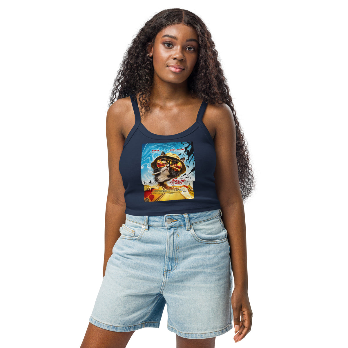 Solid Navy Blend women's micro-rib tank top, front view, featuring the Fear and Loafing in Las Vegas Quark cat poster design