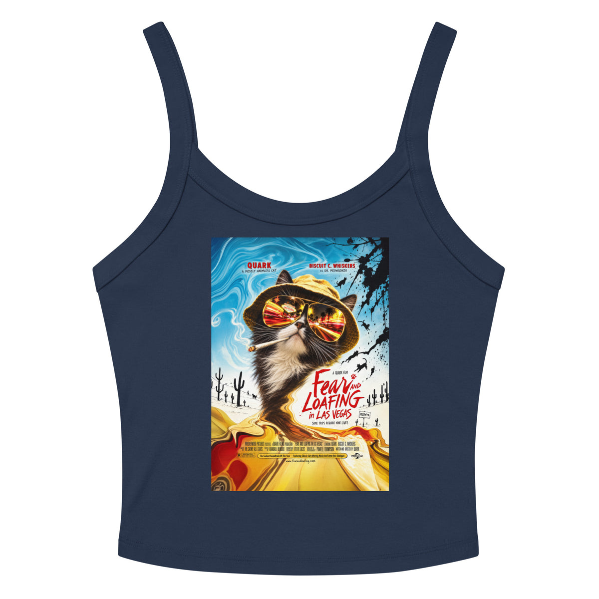 Solid Navy Blend women's micro-rib tank top, front view, featuring the Fear and Loafing in Las Vegas Quark cat poster design