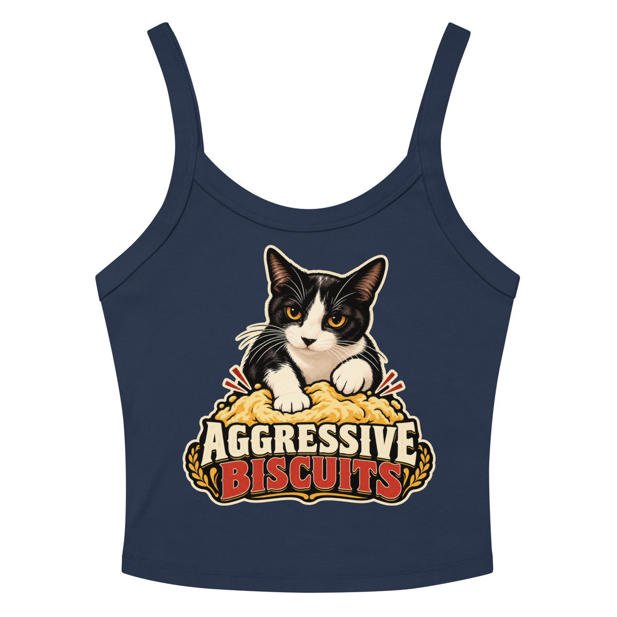 Solid Navy Blend women's micro-rib tank top, front view, featuring the Aggressive Biscuits kneading tuxedo cat design