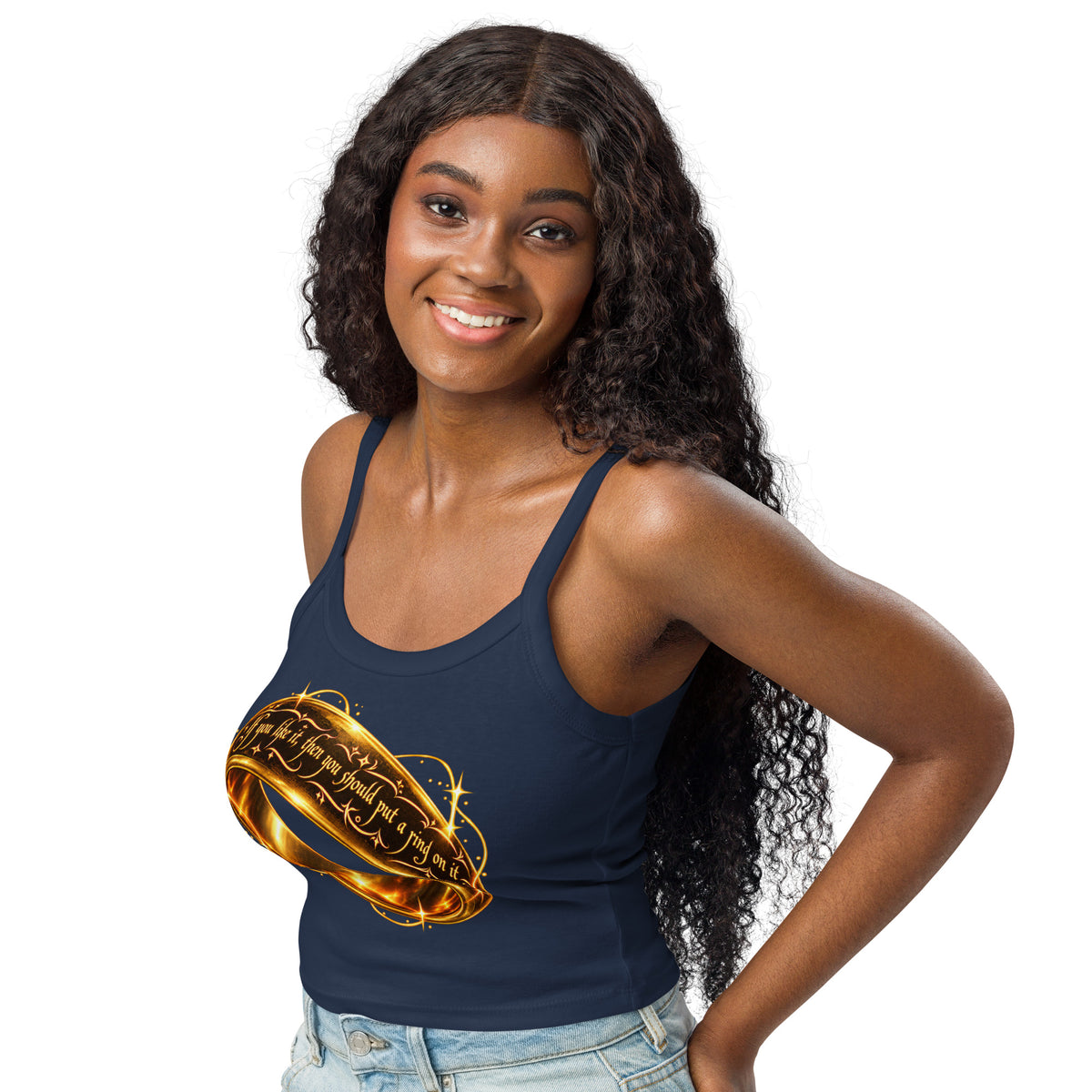 Solid Navy Blend women's micro-rib tank top, left-front angled view, featuring Put a Ring on It gold fantasy ring and starburst graphic.