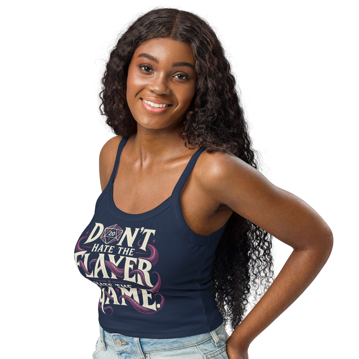 Solid Navy Blend women's micro-rib tank top, left-front angled view, featuring Don't Hate the Flayer, Hate the Game artwork with magenta tentacles and a D20.