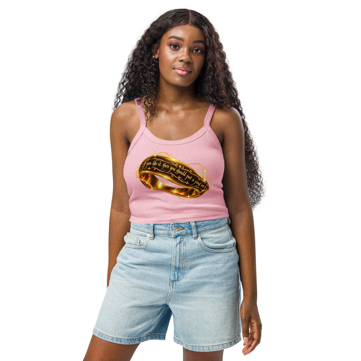 Solid Pink Blend women's micro-rib tank top, front view, featuring Put a Ring on It gold fantasy ring and starburst graphic.