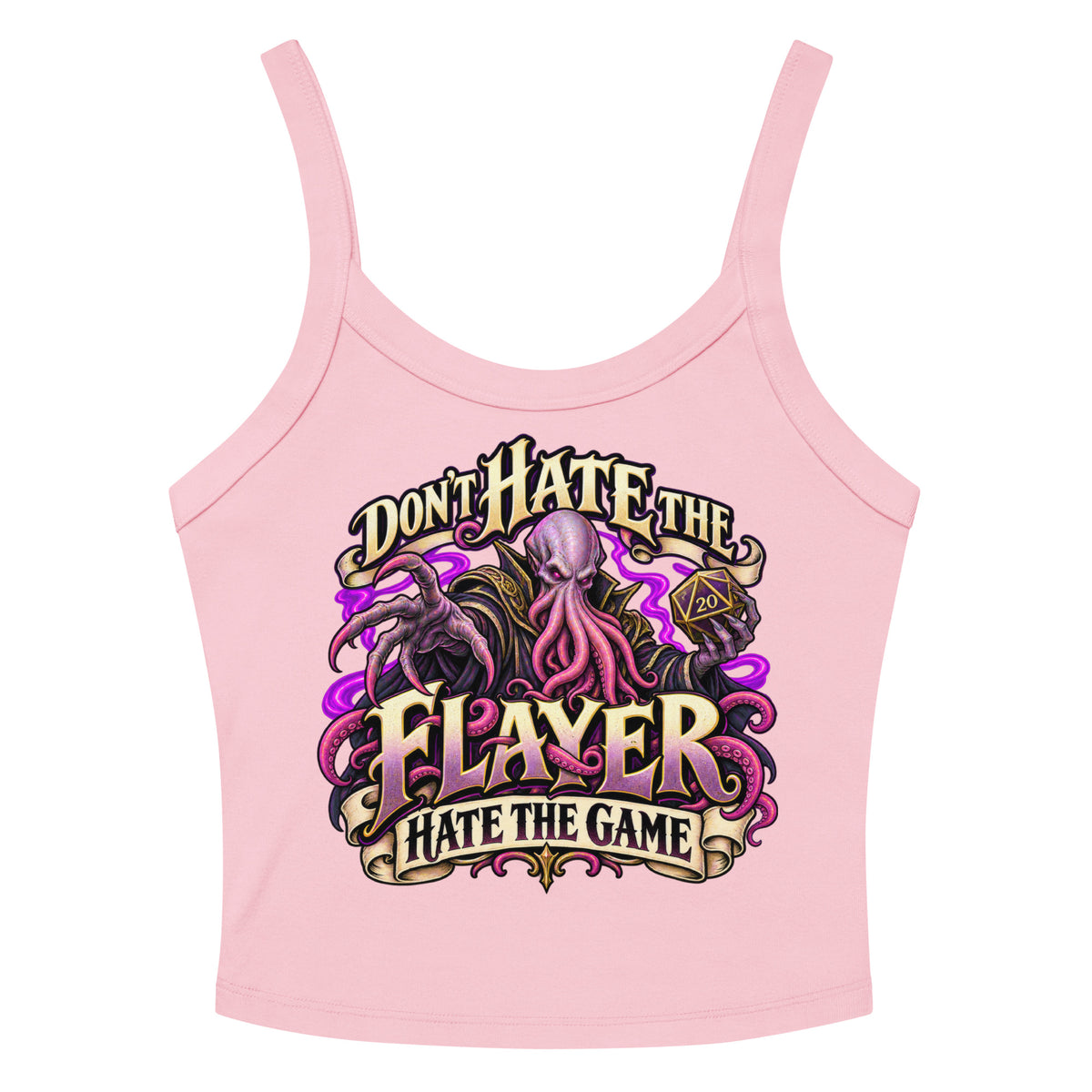 Solid Pink Blend women's micro-rib tank top, front detail view, featuring the illustrated Don't Hate the Flayer, Hate the Game tentacled overlord.