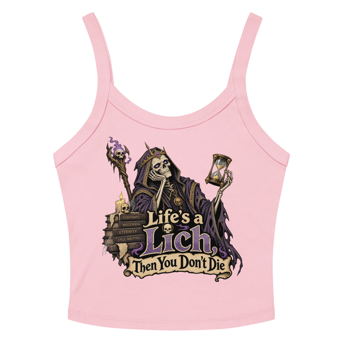 Solid Pink Blend women's micro-rib tank top, front view, featuring the Life's a Lich, Then You Don't Die bored undead lich design.