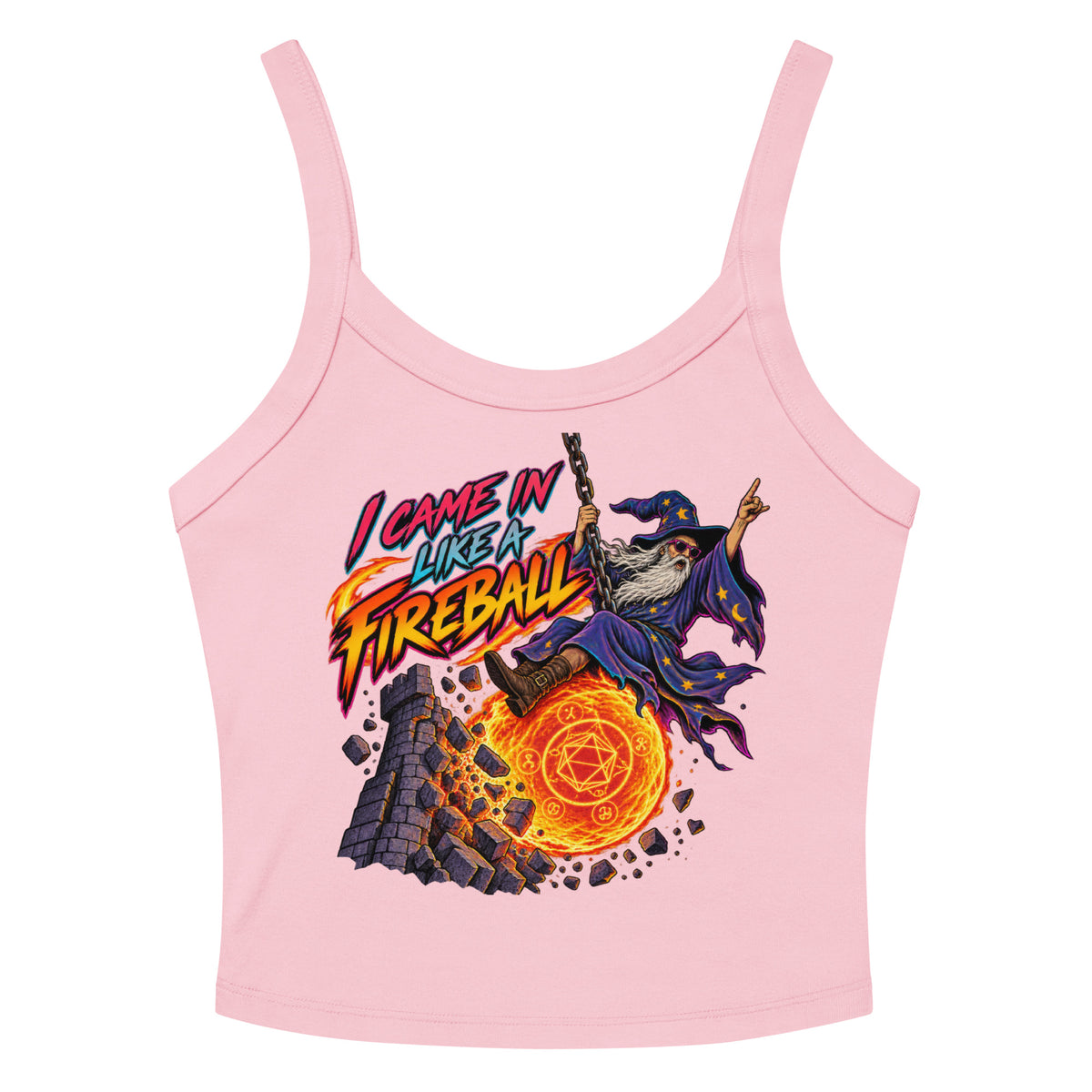 Solid Pink Blend women's micro-rib tank top, front view, featuring the I Came In Like a Fireball wizard design