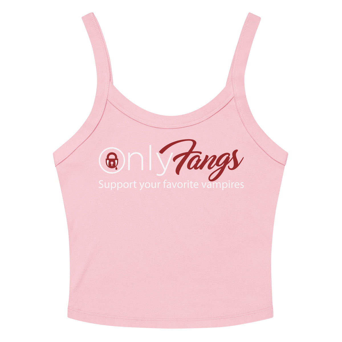 Solid Pink Blend women's micro-rib tank top, front view, featuring the OnlyFangs vampire design