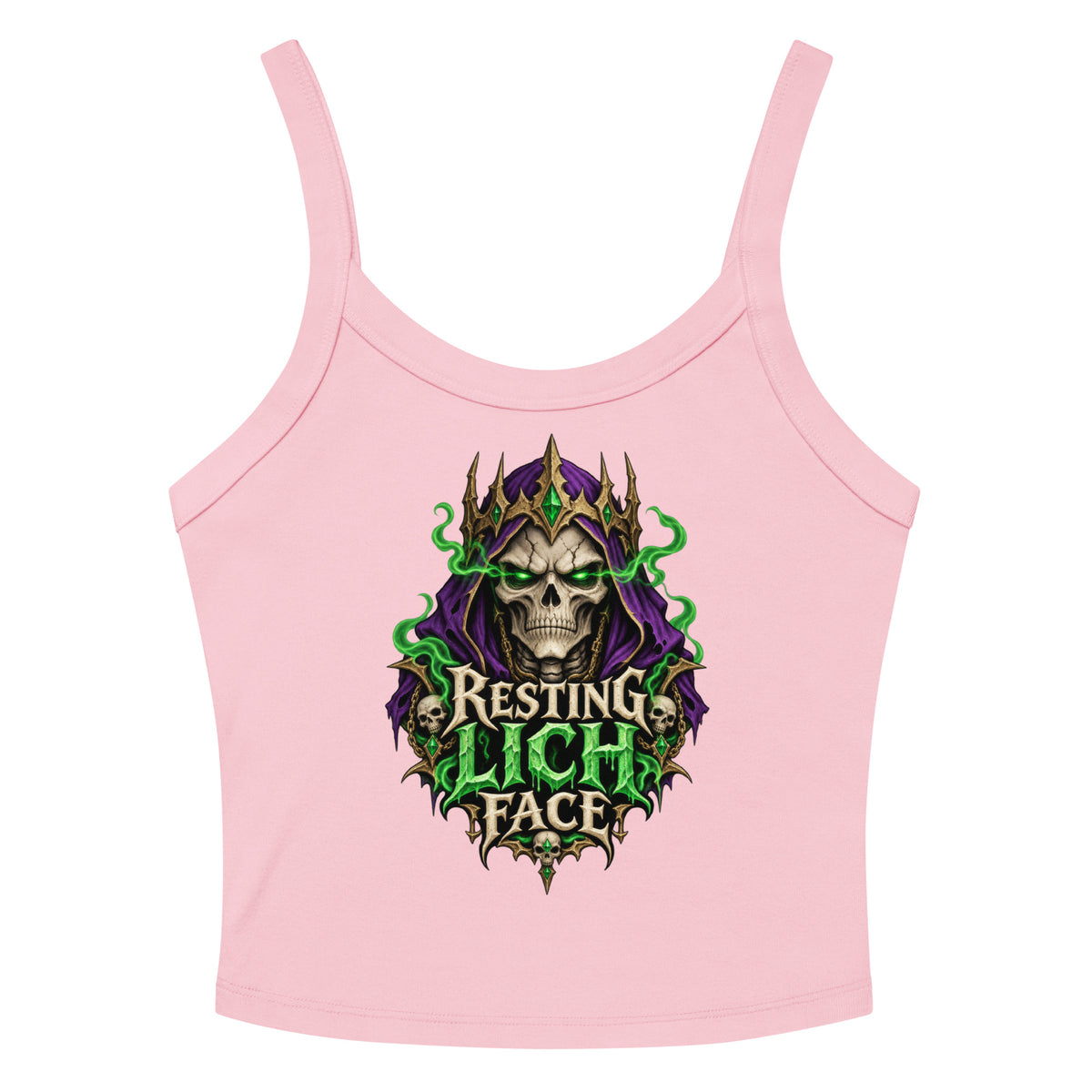 Solid Pink Blend women's micro-rib tank top, front view, featuring the Resting Lich Face crowned skull lich design