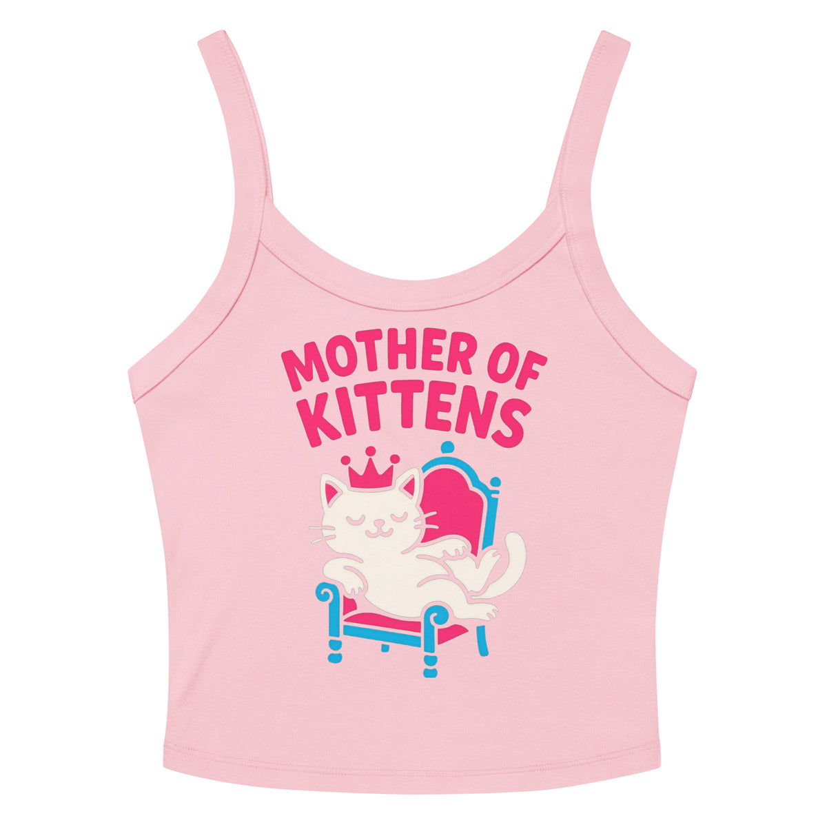 Solid Pink Blend women's micro-rib tank top, front view, featuring the Mother of Kittens Queen Cat design