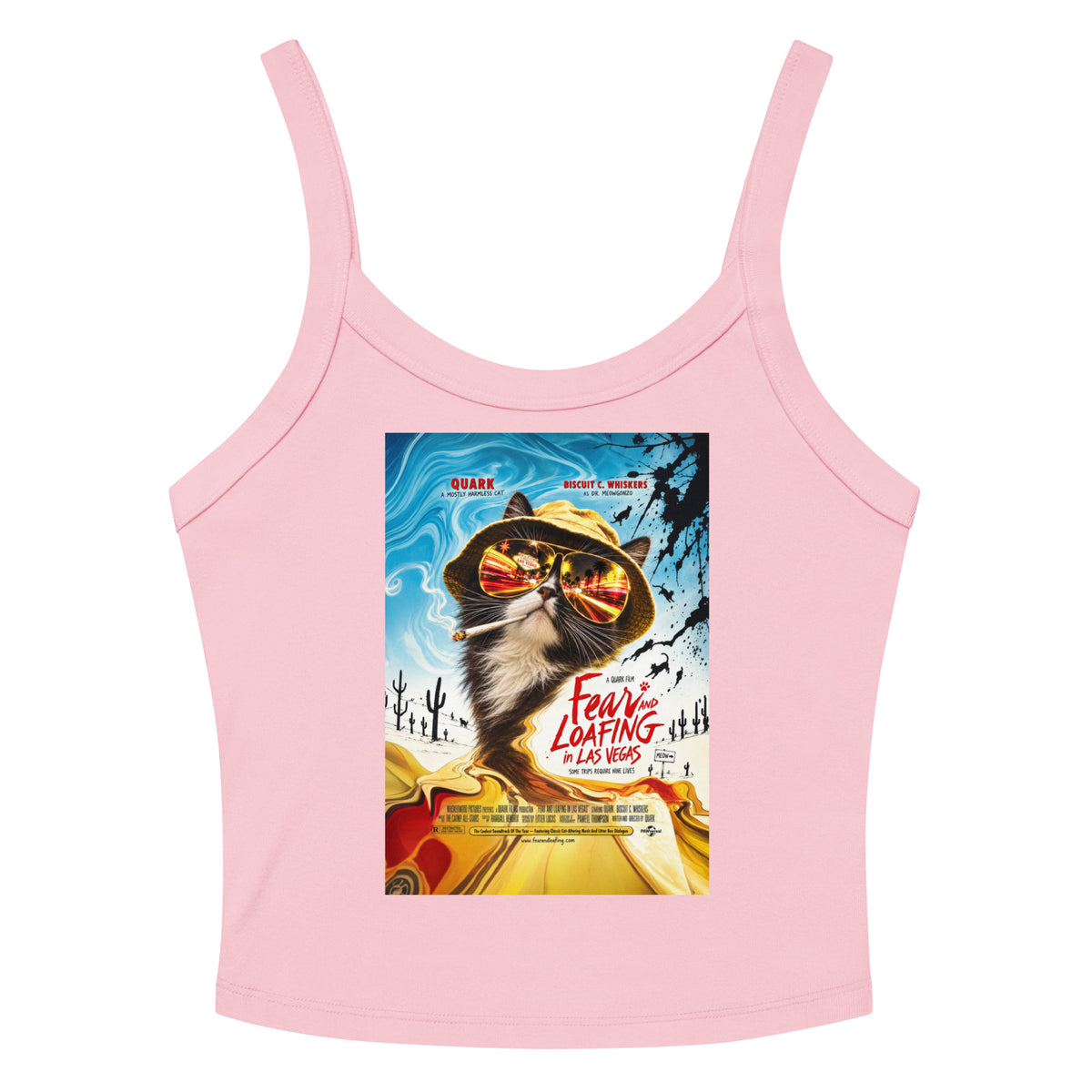 Solid Pink Blend women's micro-rib tank top, front view, featuring the Fear and Loafing in Las Vegas Quark cat poster design