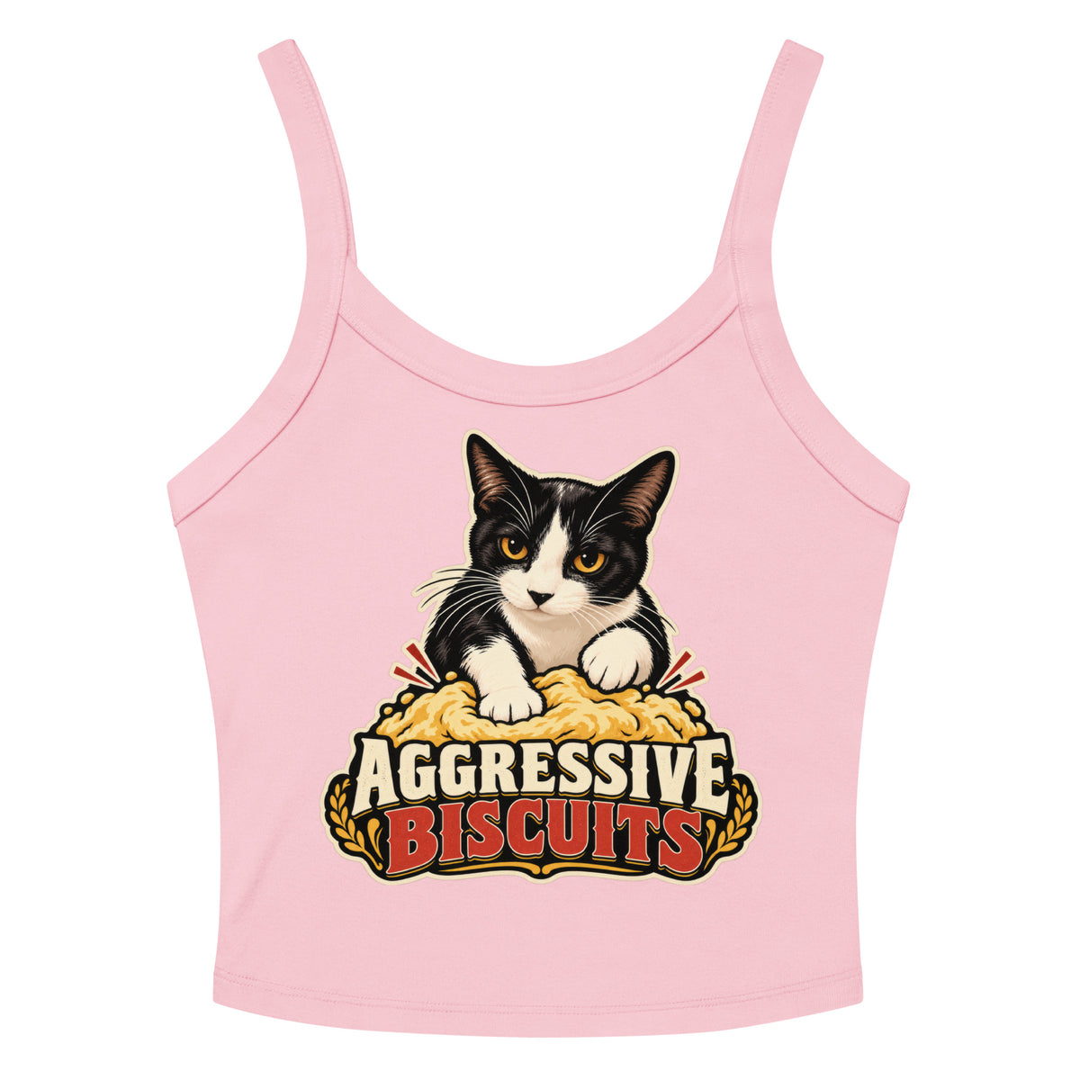 Solid Pink Blend women's micro-rib tank top, front view, featuring the Aggressive Biscuits kneading tuxedo cat design