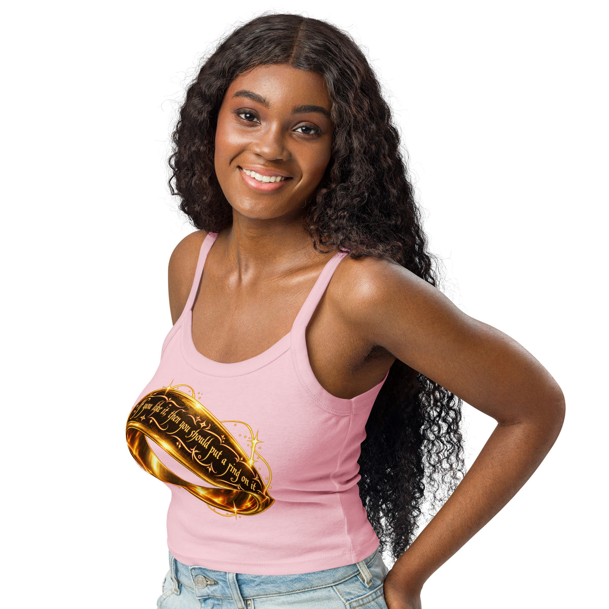 Solid Pink Blend women's micro-rib tank top, left-front angled view, featuring Put a Ring on It gold fantasy ring and starburst graphic.