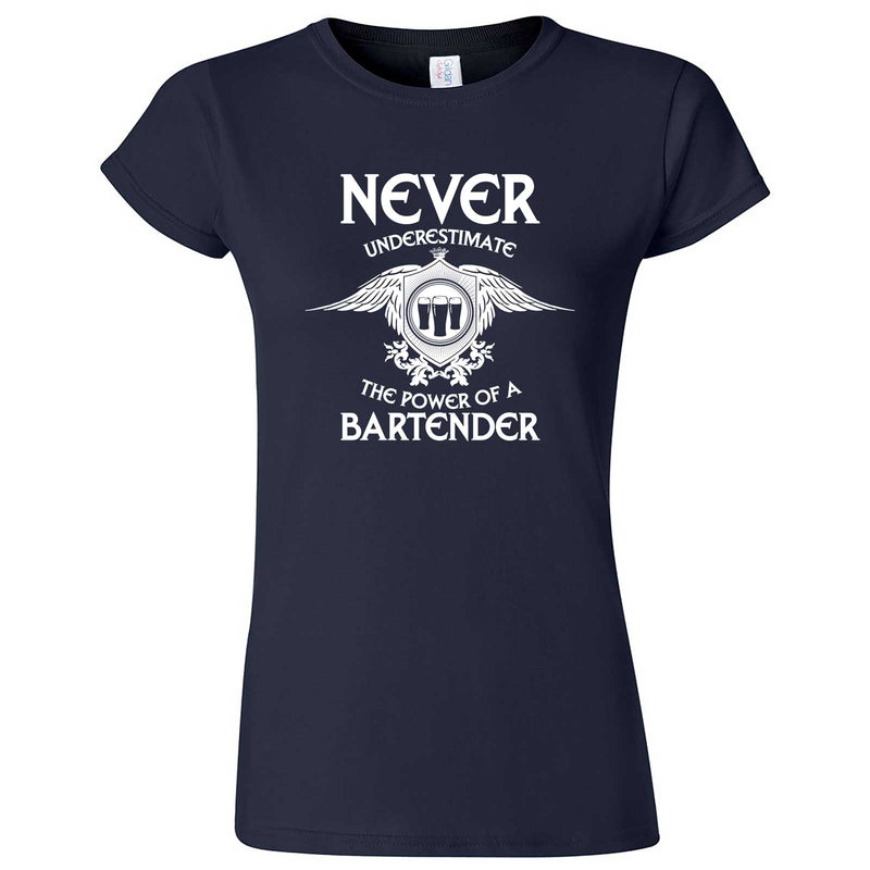  "Never Underestimate the Power of a Bartender" women's t-shirt Navy Blue