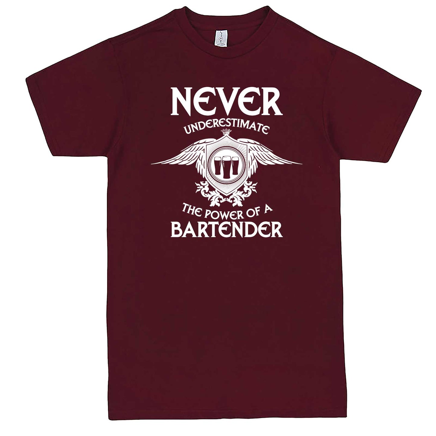  "Never Underestimate the Power of a Bartender" men's t-shirt Burgundy