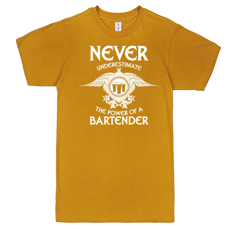  "Never Underestimate the Power of a Bartender" men's t-shirt Mustard