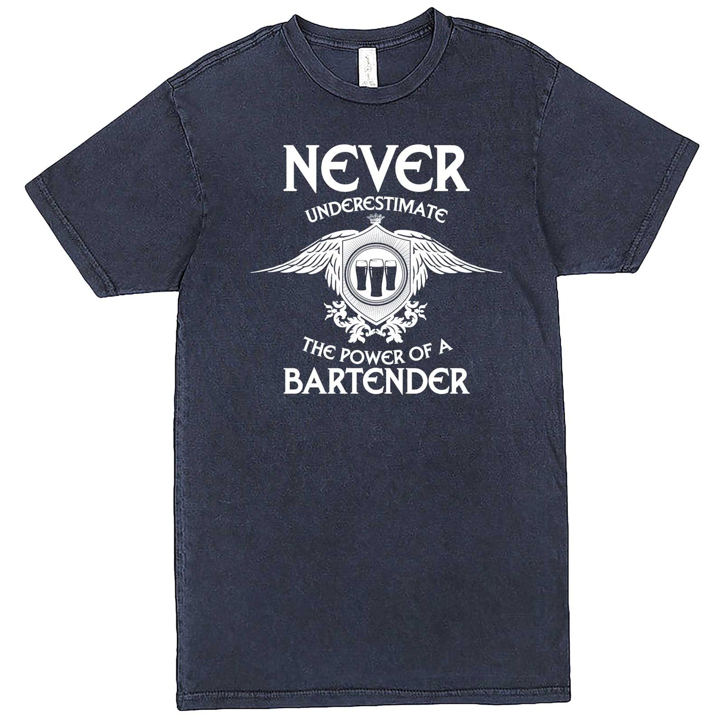  "Never Underestimate the Power of a Bartender" men's t-shirt Vintage Denim