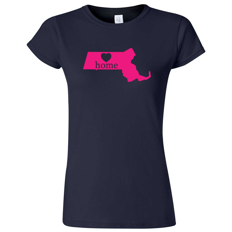  "Massachusetts Home State Pride, Pink" women's t-shirt Navy Blue