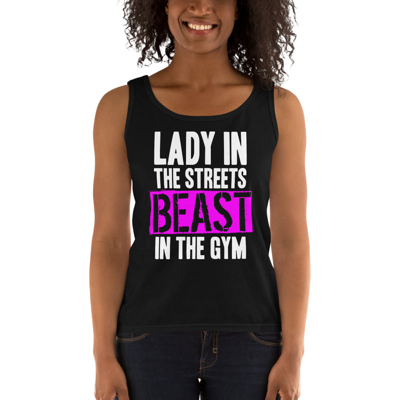 "Lady In The Streets, Beast In The Gym" Ladies' Tank, Black Or White Tank